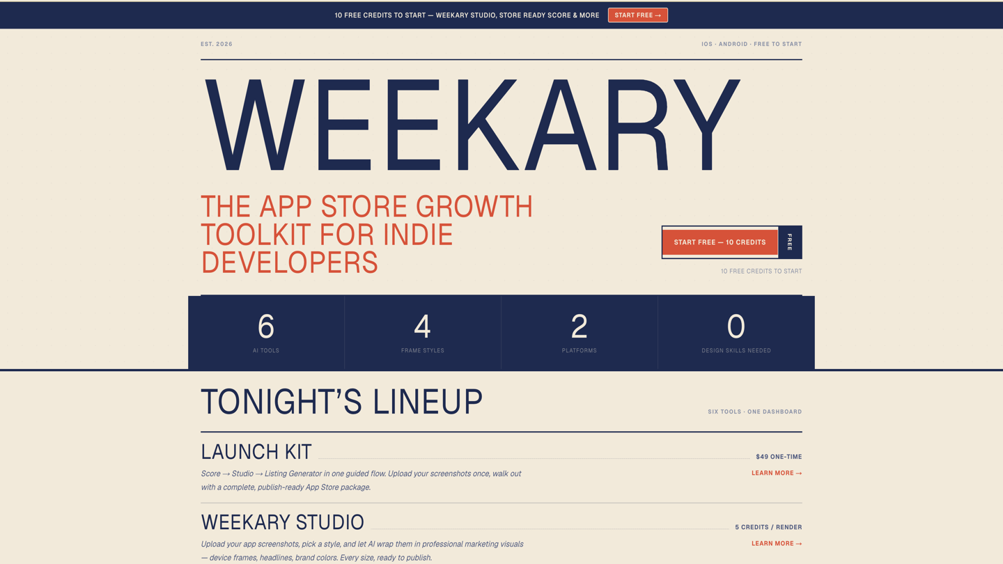 The Weekary homepage, an App Store growth toolkit for indie developers.